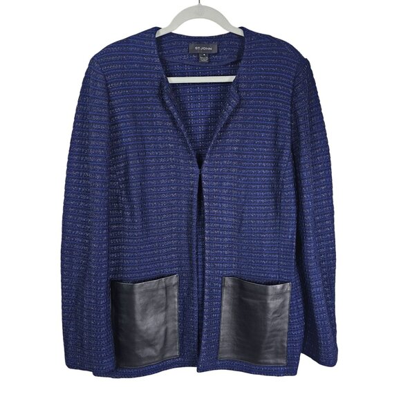 St. John Santana Knit Tweed Jacket Sz 16 Leather Pockets Office Formal Old Money - Picture 1 of 12
